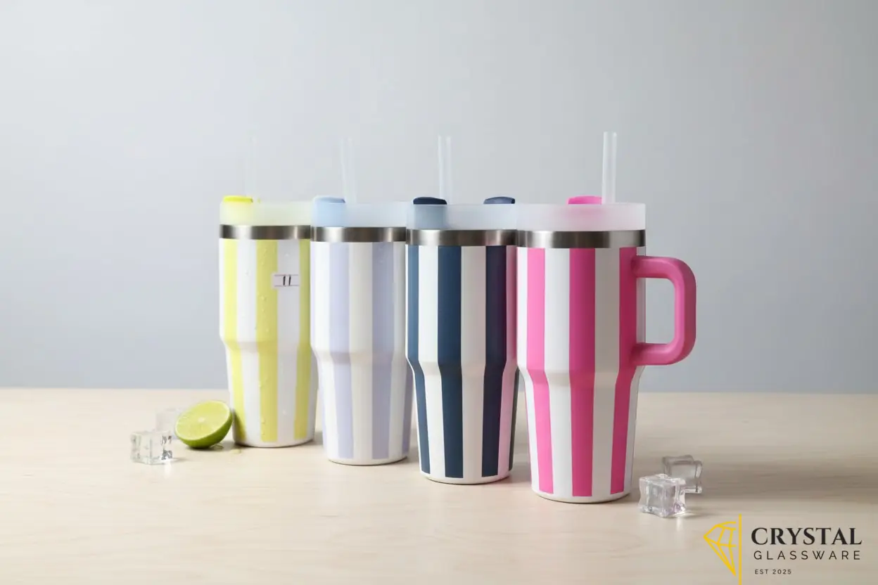 Pastel striped stainless steel vacuum tumblers with matching lids straws